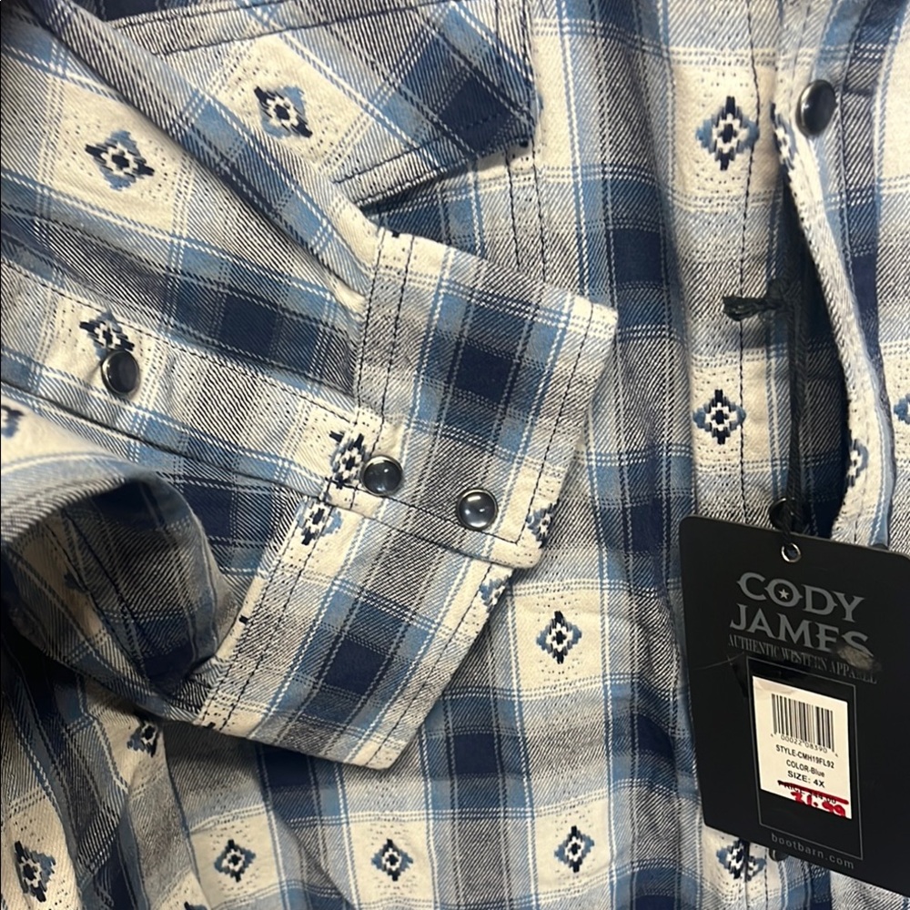 NWT Men’s Cody James (Bootbarn) Blue Plaid Snap Long Sleeve Shirt 4X - Picture 5 of 7